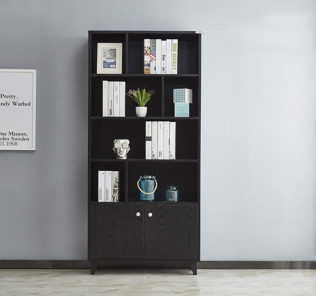 Black 68 Tall Wooden Bookcase with 2 Doors and 7 Compartments J9305