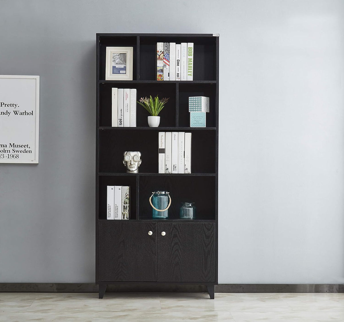 Black 68 Tall Wooden Bookcase with 2 Doors and 7 Compartments J9305