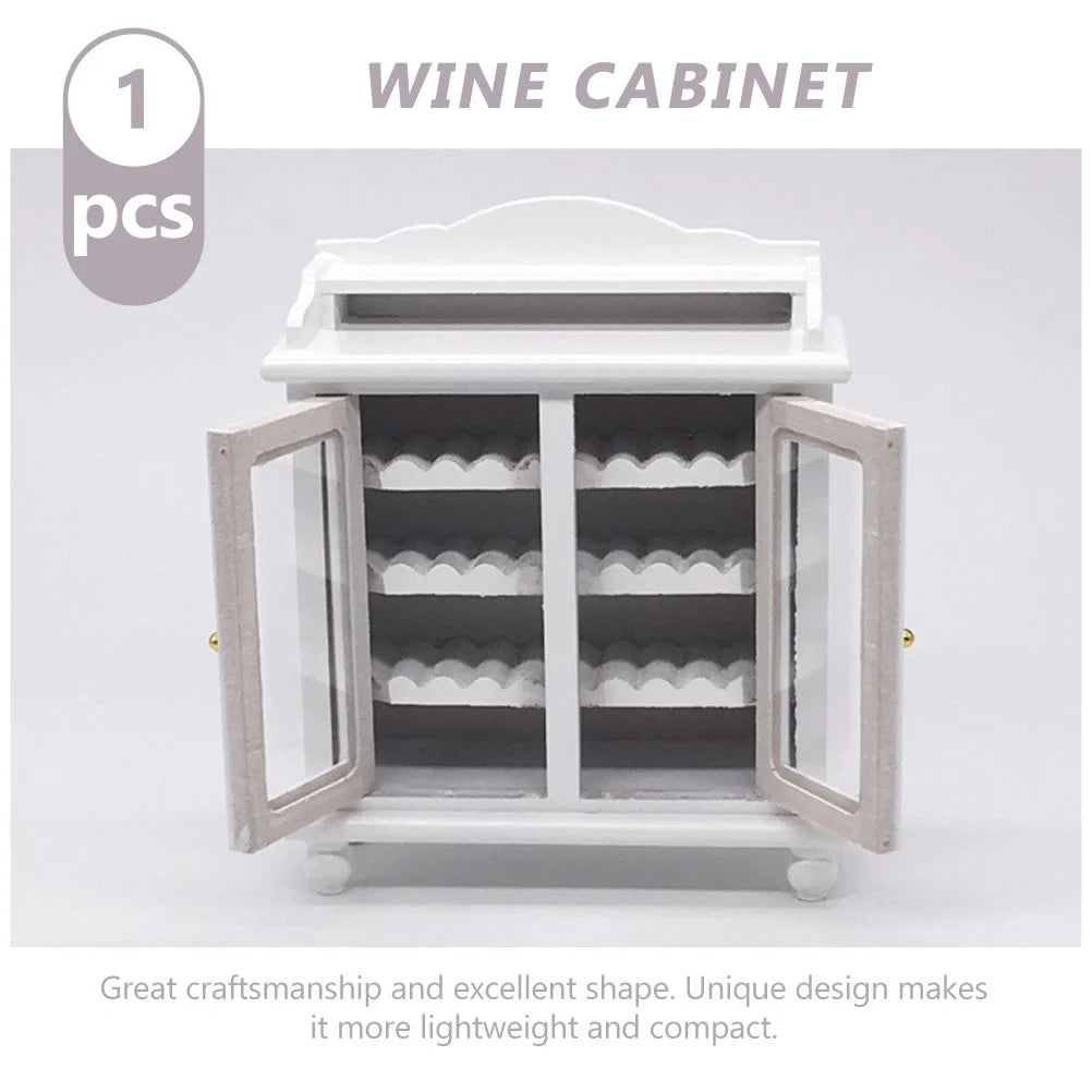 Miniature Wine Cabinet Kids Pretend Play Toy Doll House Decoration Walnut White Wood E24269