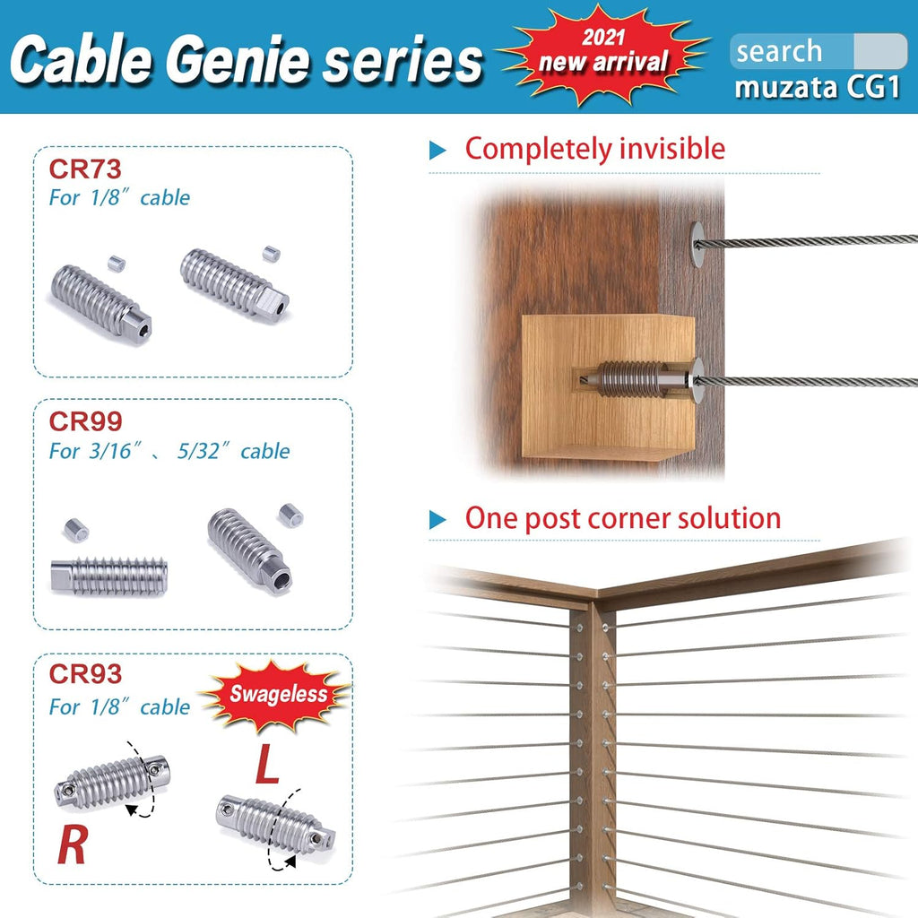 20Pair Cable Railing Kit Invisible 1/8 T316 Stainless Steel Swage Tensioner Terminal Hidden System X764332