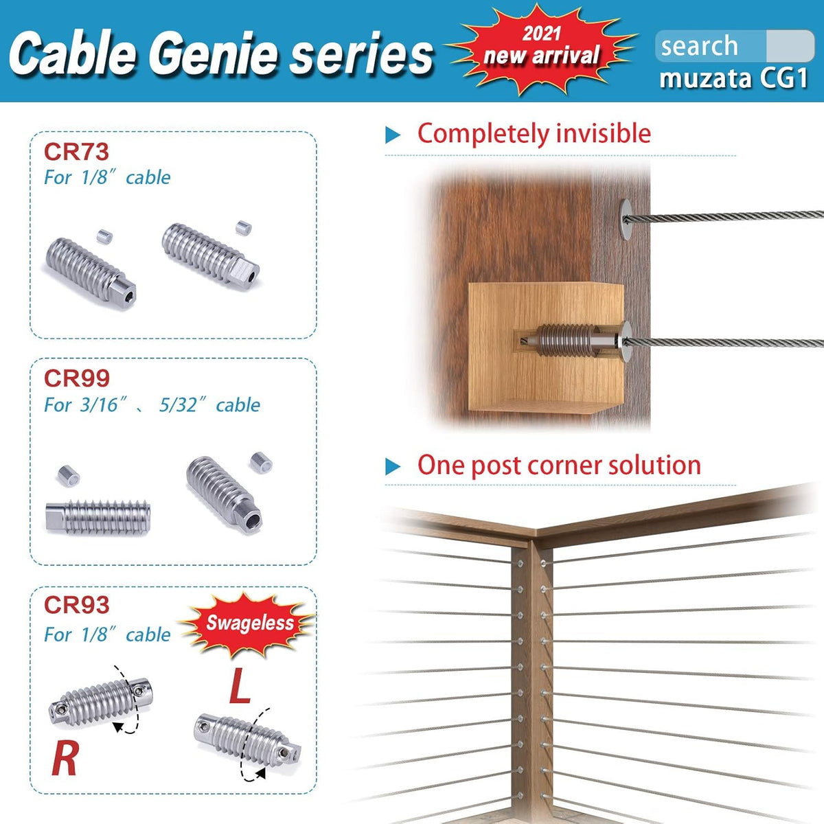 20Pair Cable Railing Kit Invisible 1/8 T316 Stainless Steel Swage Tensioner Terminal Hidden System X764332
