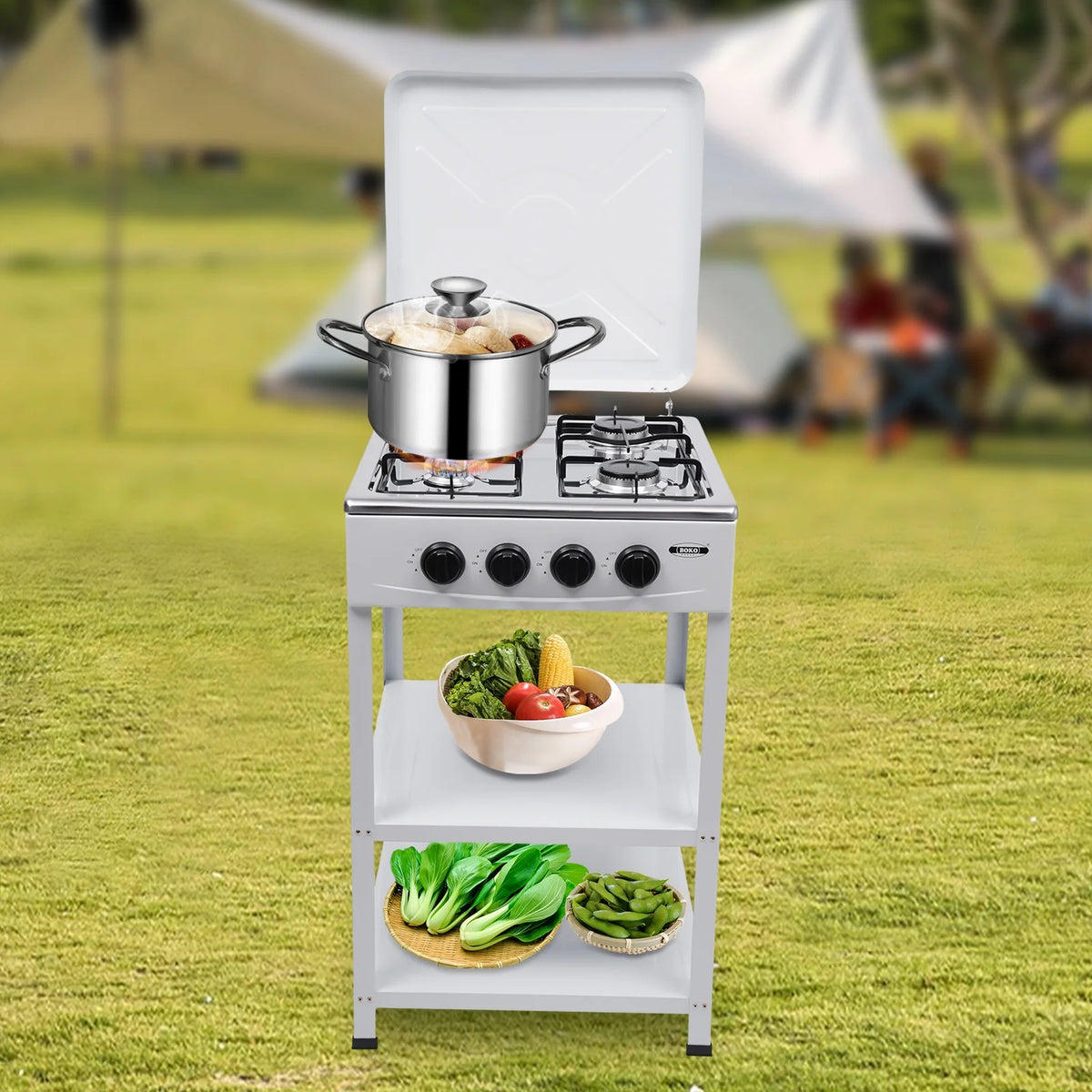 Portable 4 Burner Gas Stove with Support Leg Stand and Storage Rack J1771