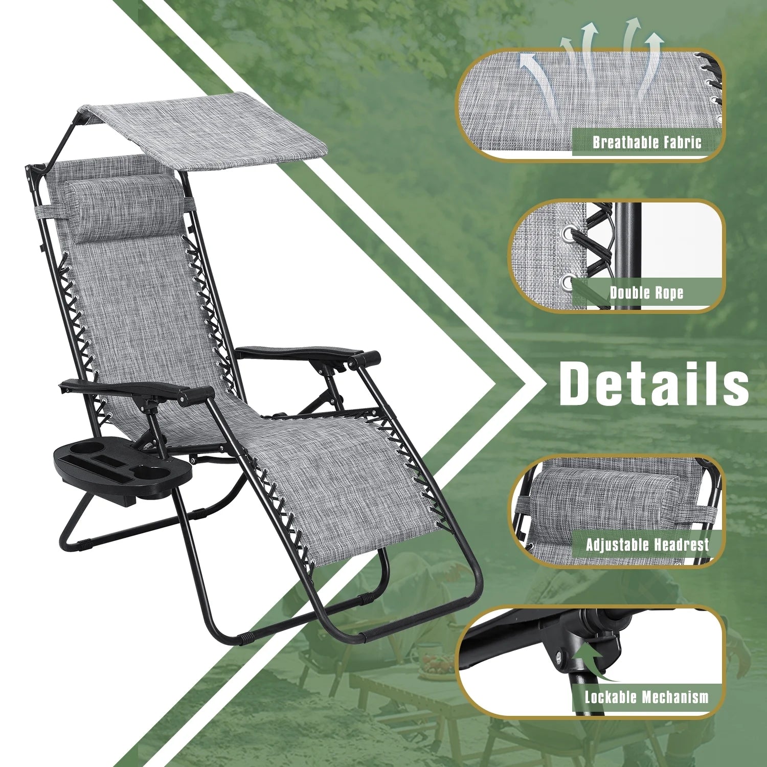 Gray Zero Gravity Folding Recliner Chair with Sunshade Canopy L26266
