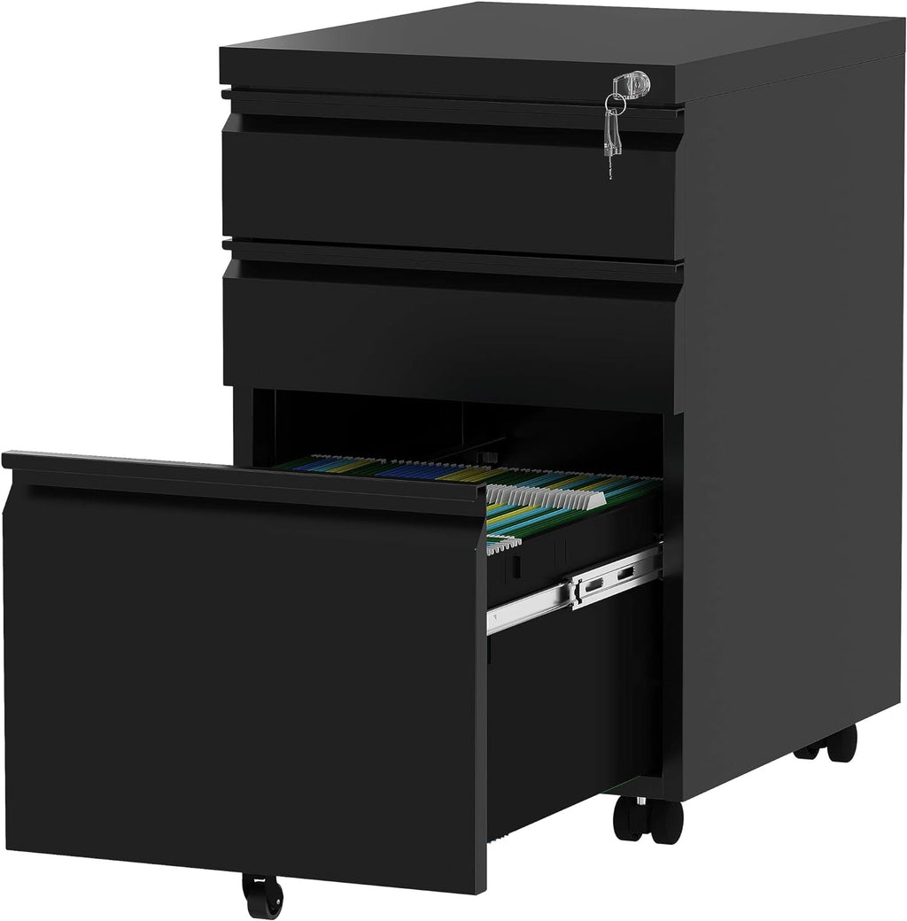 White 3-Drawer Mobile Metal File Cabinet with Lock B331