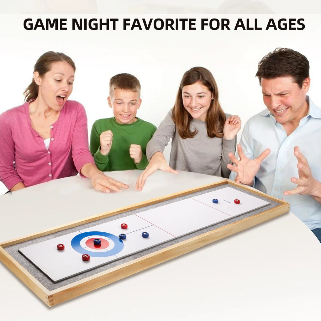 2-in-1 Solid Wood Mini Shuffleboard and Curling Tabletop Game Board Set with 8 Rollers E855