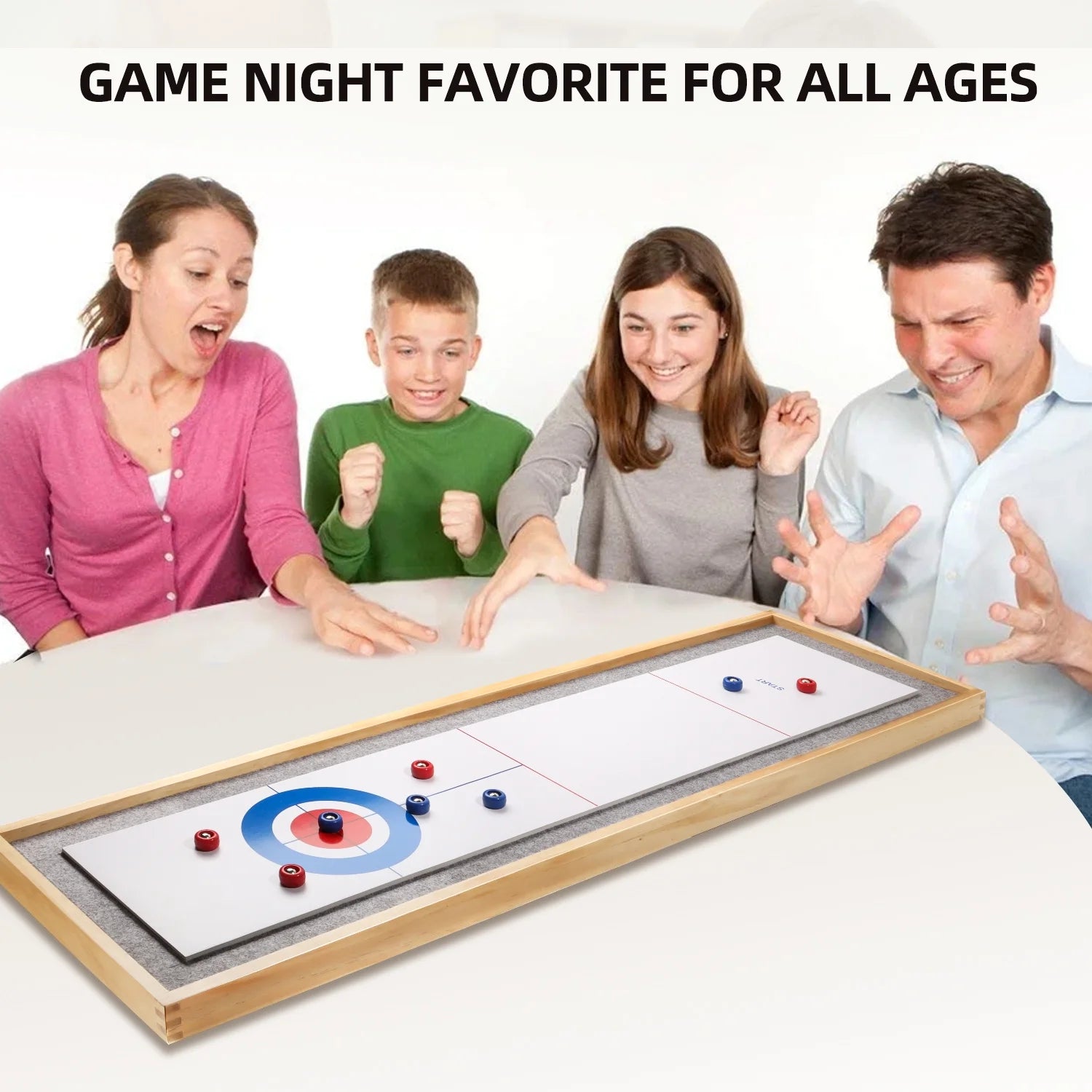 2-in-1 Solid Wood Mini Shuffleboard and Curling Tabletop Game Board Set with 8 Rollers E855