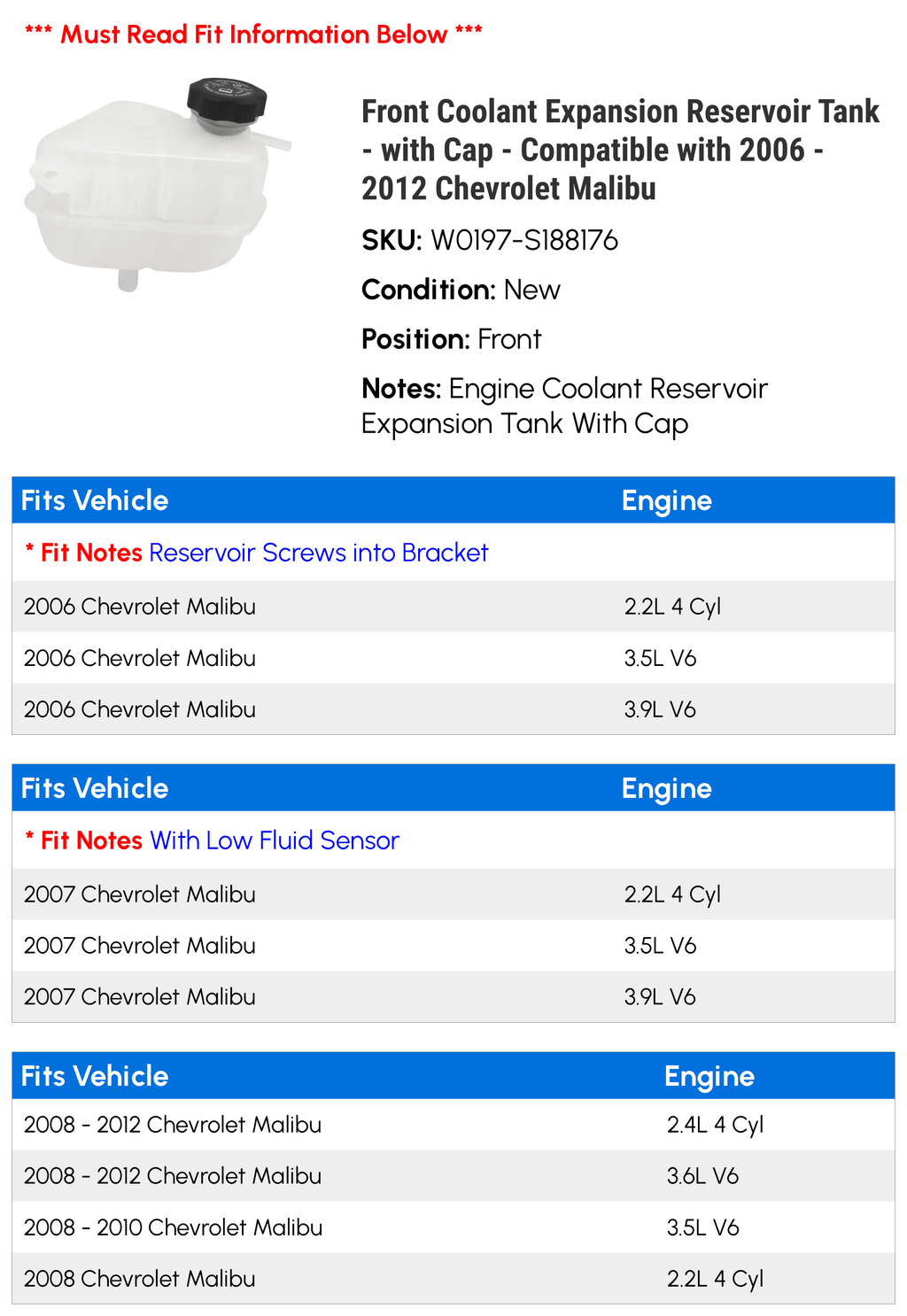 Coolant Expansion Reservoir Tank with Cap V6343