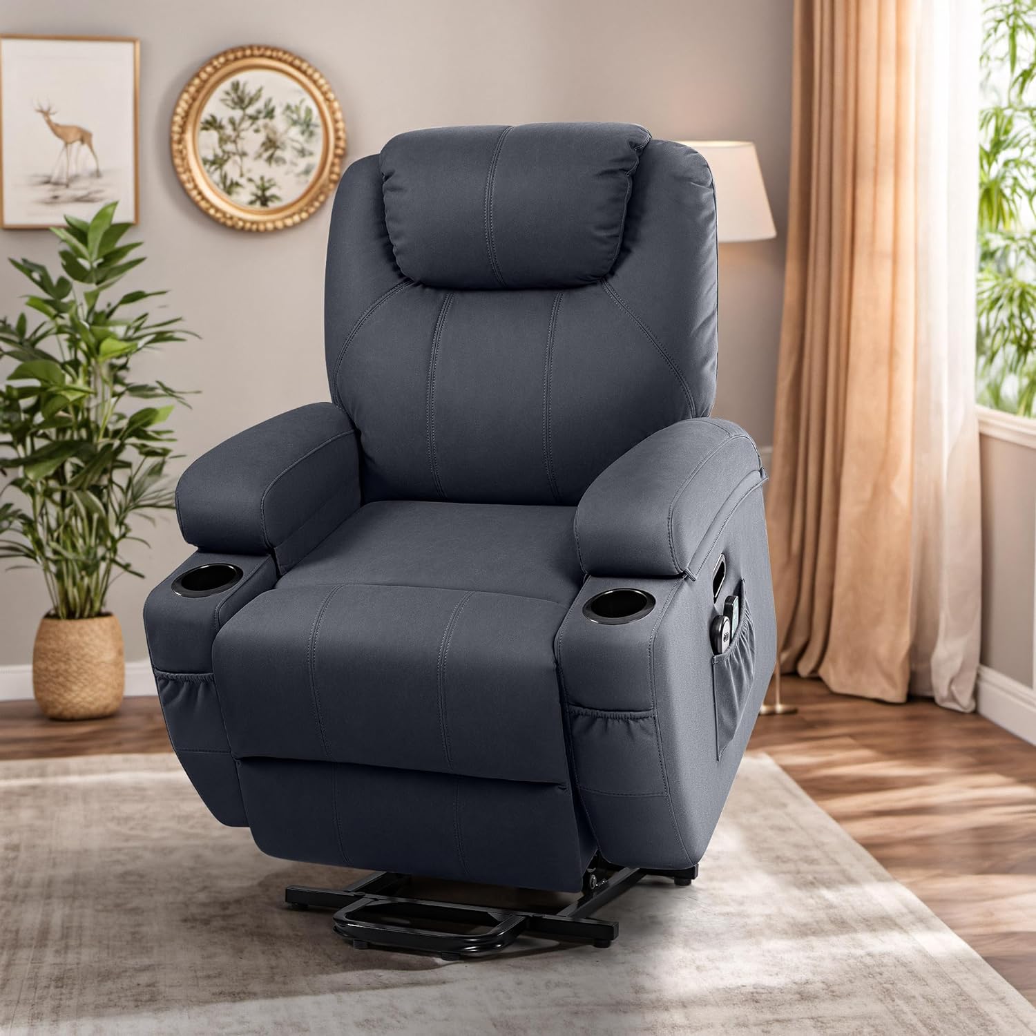 Blue Fabric Power Lift Recliner Chair with Massage and Heat E641