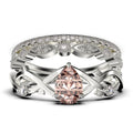 2.10 Carat Pear Cut Morganite And Diamond Moissanite Engagement Ring in 925 Sterling Silver With 18k White Gold Plating, Trio Ring Set U414