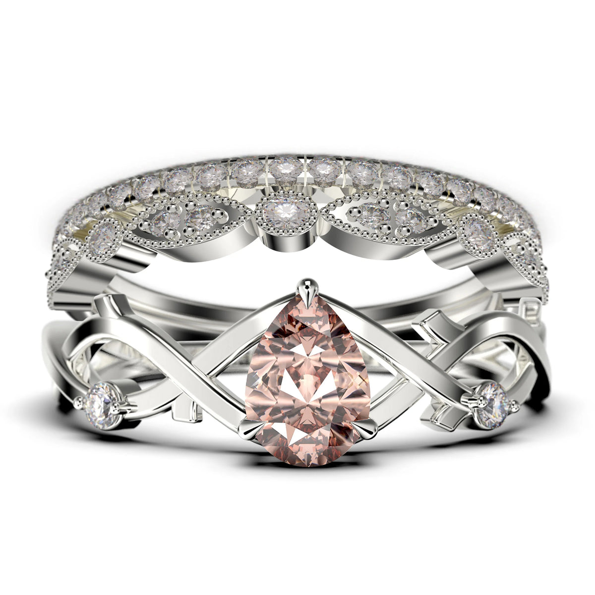 2.10 Carat Pear Cut Morganite And Diamond Moissanite Engagement Ring in 925 Sterling Silver With 18k White Gold Plating, Trio Ring Set U414