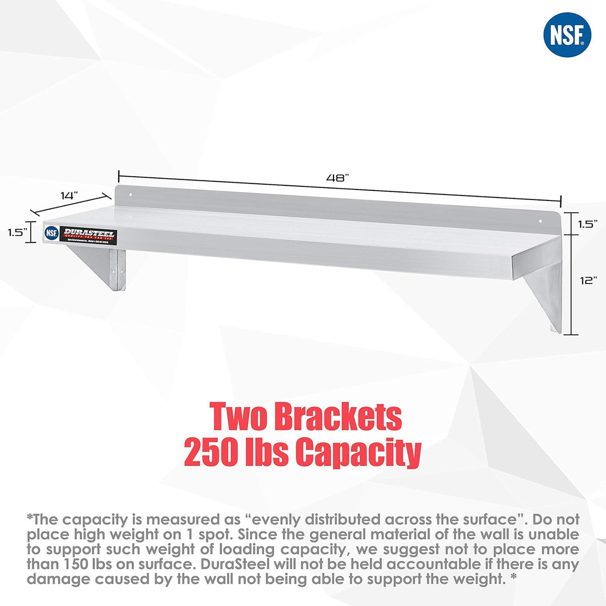 Stainless Steel Wall Mount Shelf 48" Wide x 14" Deep V6350