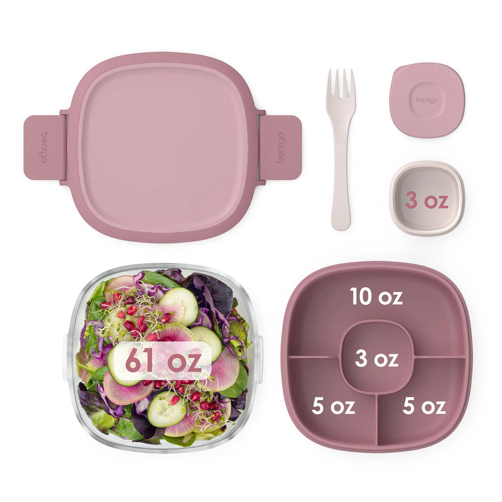 Leak-Proof Glass Salad Container with 61-oz Bowl, 4-Compartment Tray, 3-oz Sauce Container, and Reusable Fork (Dark Gray) X579629