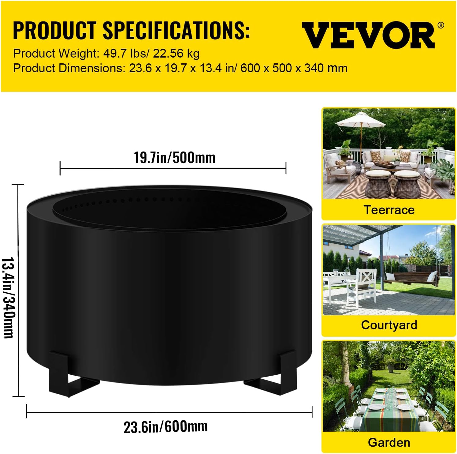 Carbon Steel Smokeless Fire Pit, 23.6-inch Diameter, Portable Wood Burning Fire Pit Q95014