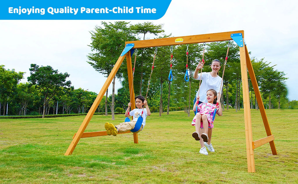 Kids Swing Sets with 2 Swings, Trapeze Swing Rings, Outdoor Playset L23672