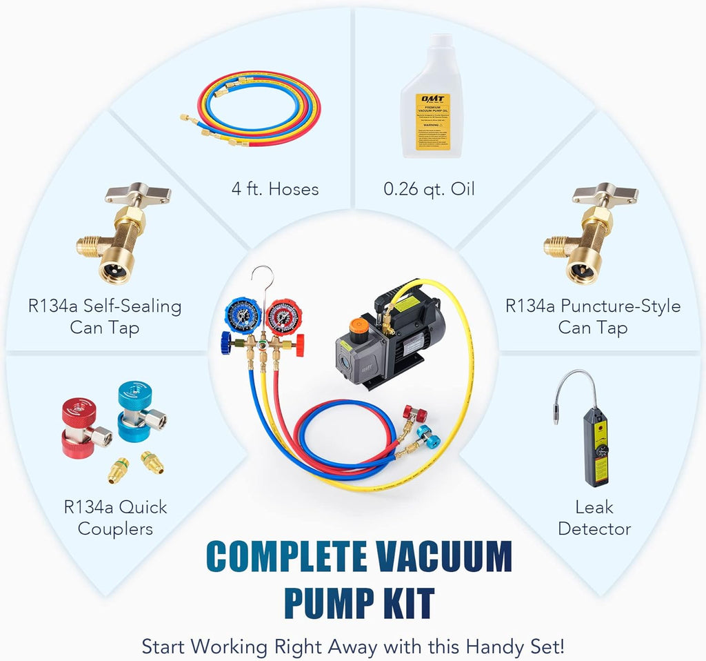 AC Vacuum Pump and Gauge Set with 4CFM Vacuum Pump, 3 Hoses, Quick Couplers, AC Gauges for R134a, R12, R22, R502 W72062