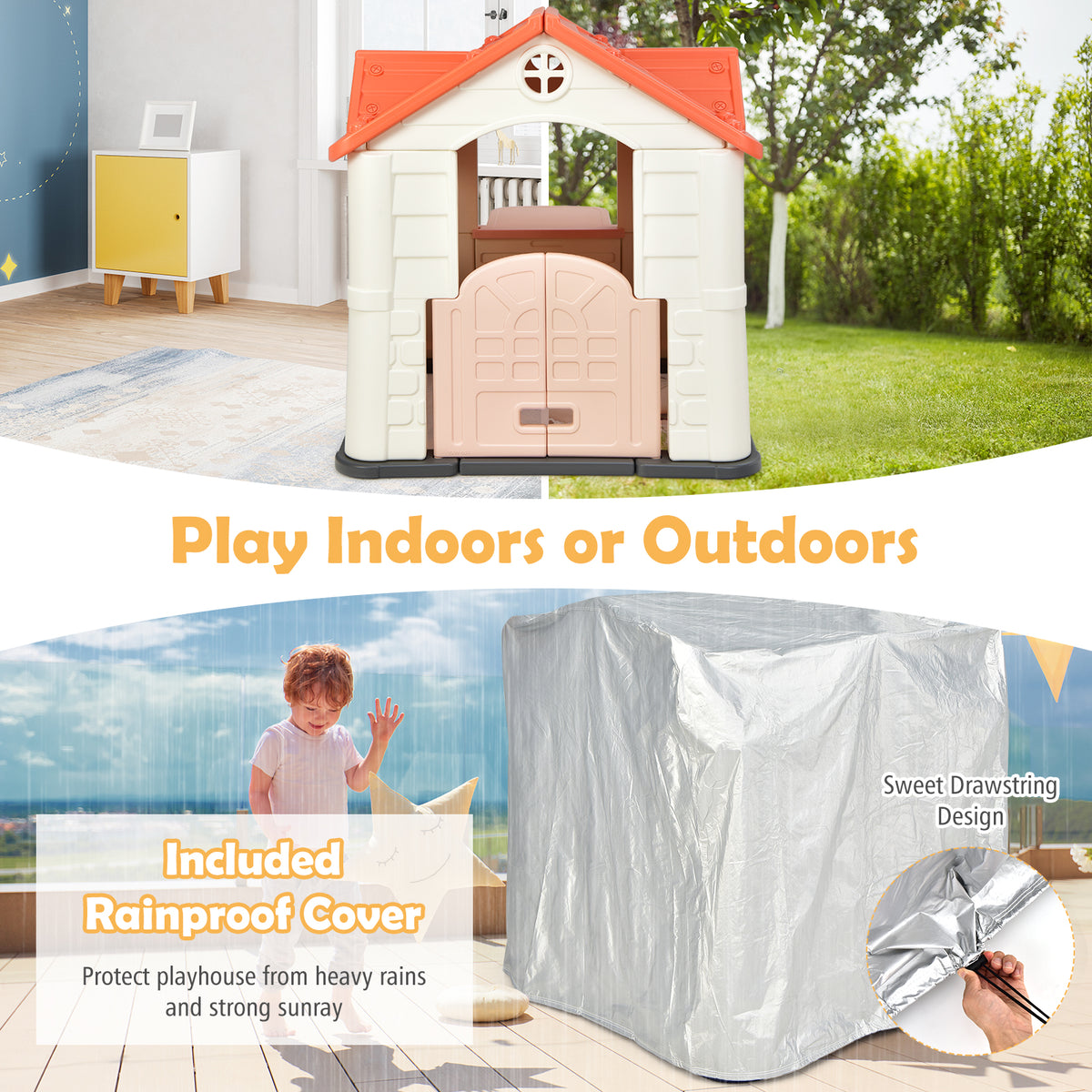 Pink Kid's Playhouse Games Cottage with 7 PCS Toy Set and Waterproof Cover O3871