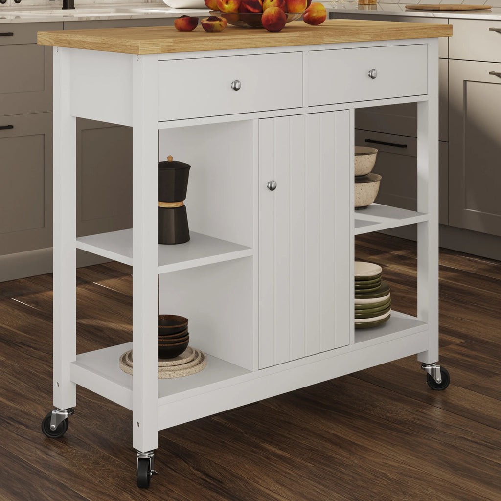 White 35-inch Kitchen Island Rolling Cart with Drawers and Casters F882