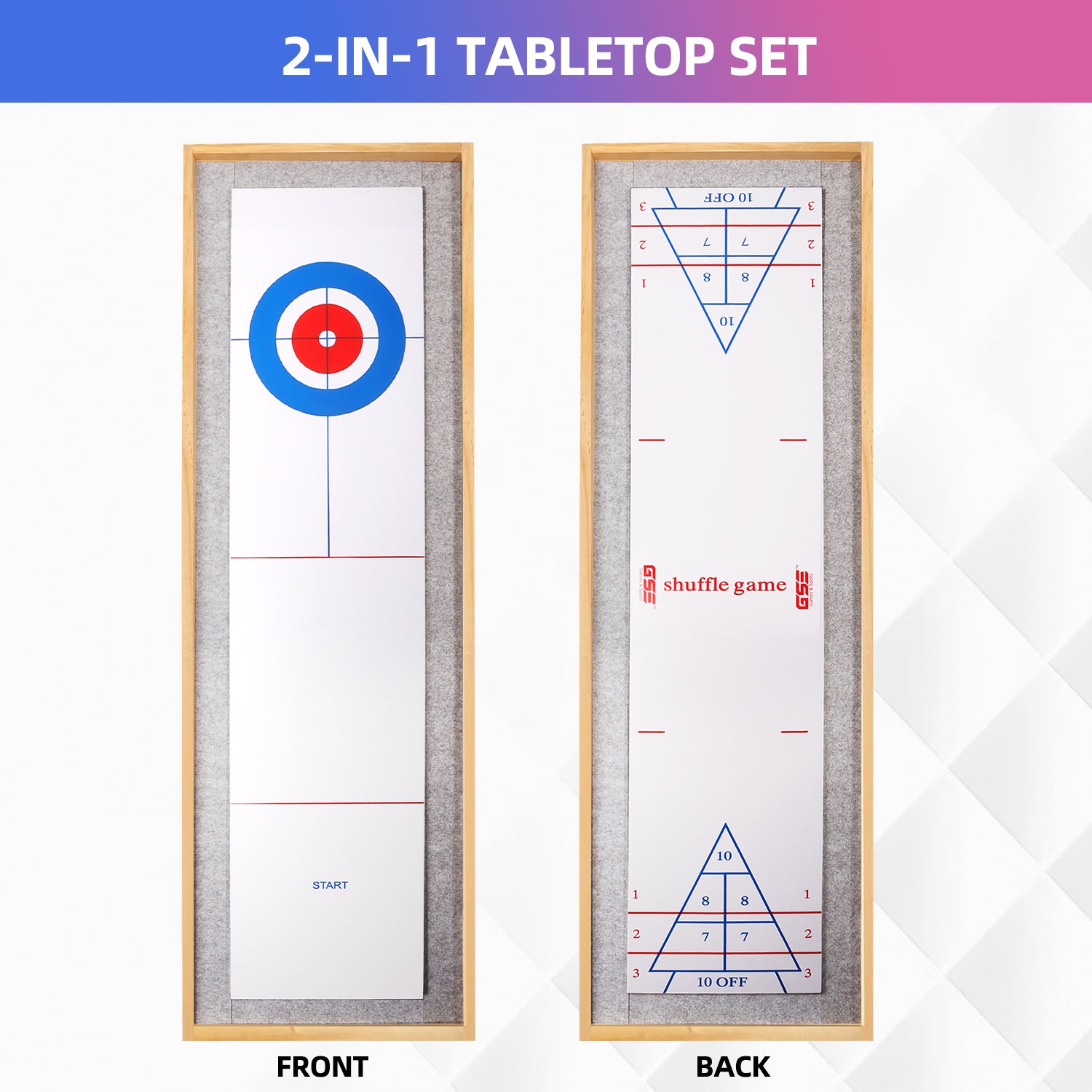 2-in-1 Solid Wood Mini Shuffleboard and Curling Tabletop Game Board Set with 8 Rollers E855