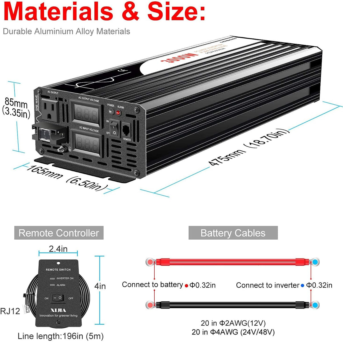 3000W Pure Sine Wave Power Inverter DC24V to 110V 120V AC Converter X598