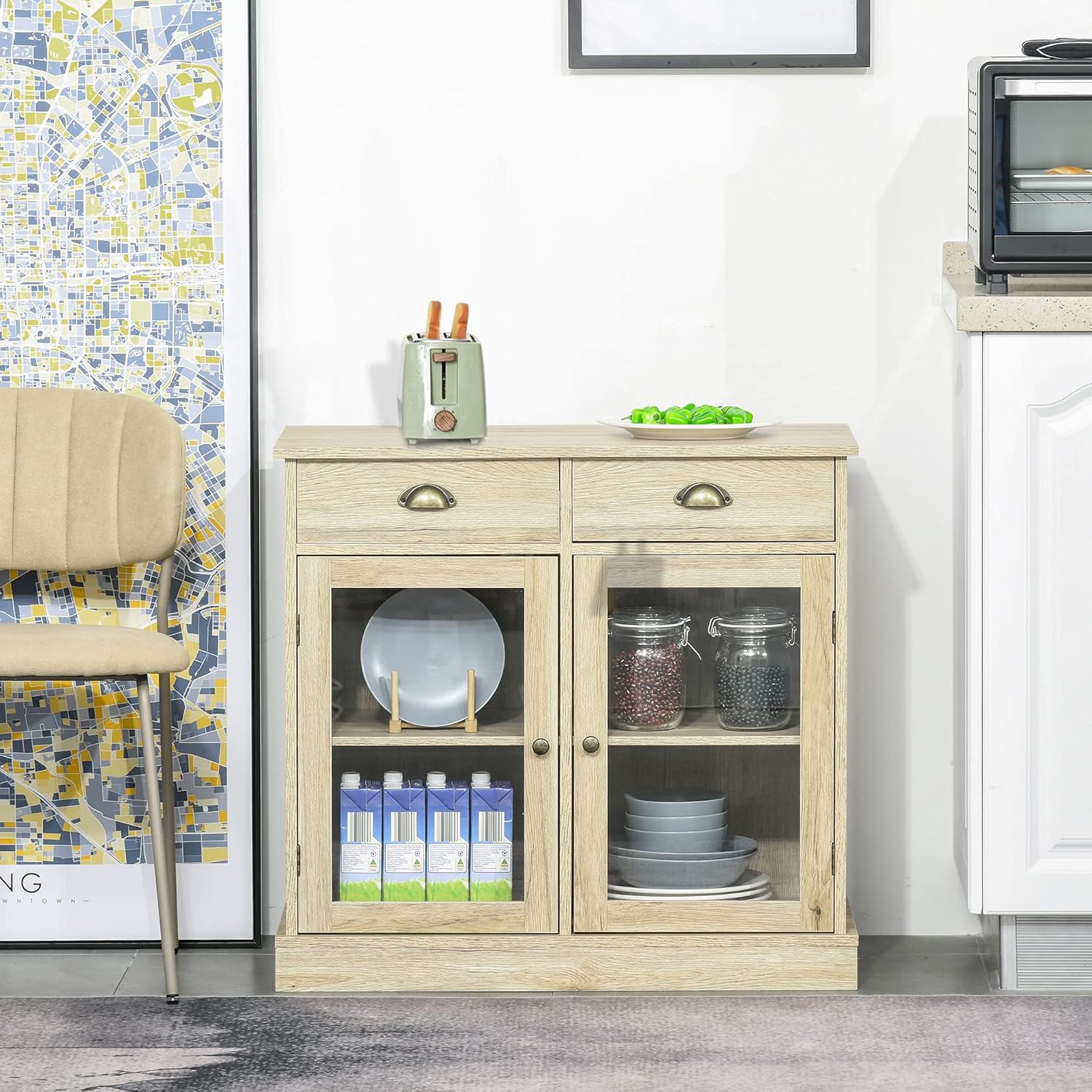 Rustic Oak Sideboard Storage Cabinet with 2 Glass Doors and 2 Drawers K530
