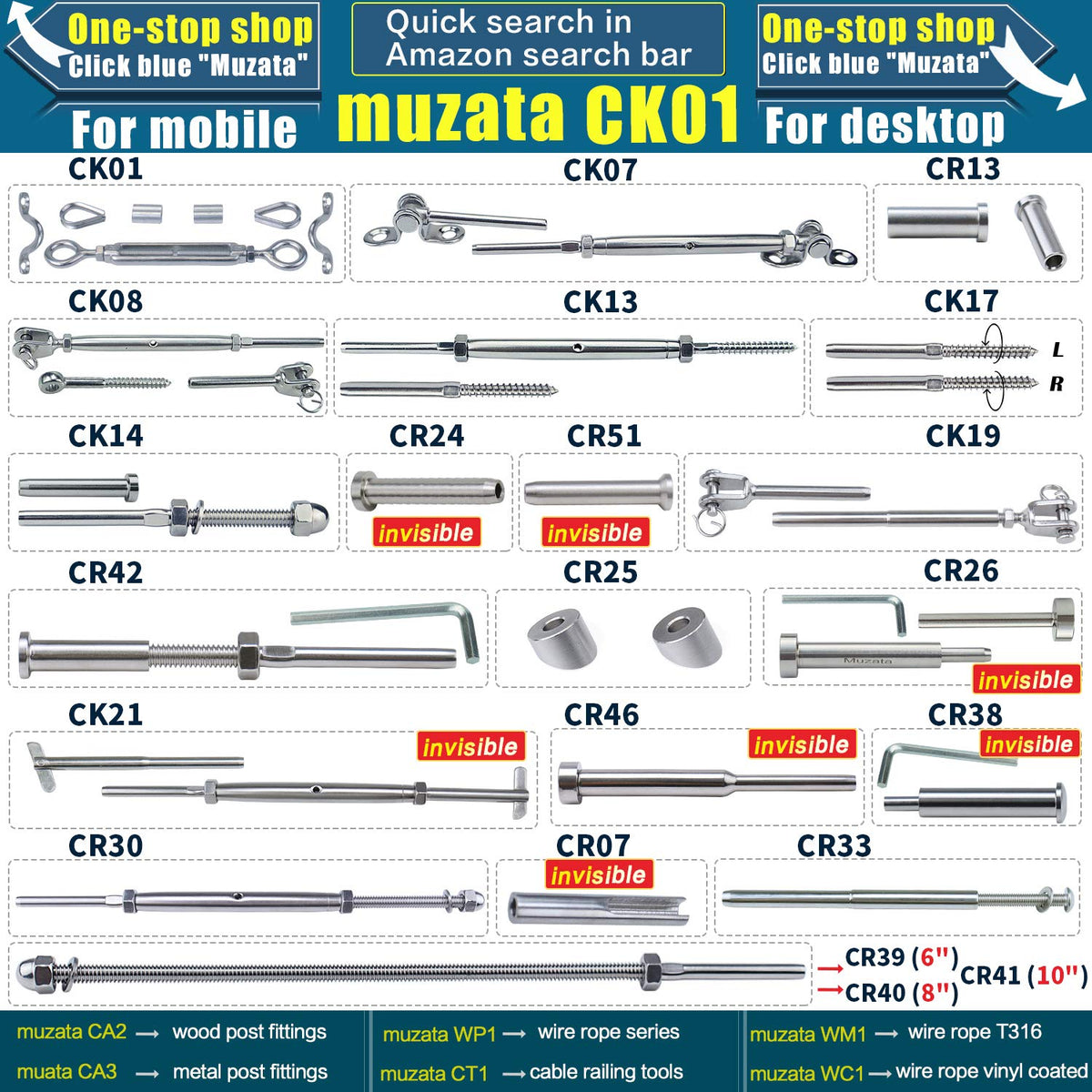 20Pair Cable Railing Kit Invisible 1/8 T316 Stainless Steel Swage Tensioner Terminal Hidden System X764332