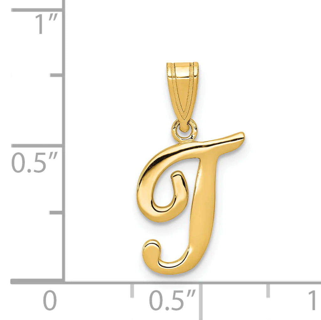 14K Yellow Gold Script Letter T Initial Pendant N44300
