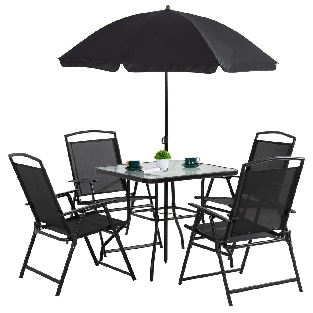 6 Piece Patio Dining Set with Umbrella, 4 Folding Chairs, Tempered Glass Top Dining Table Black X947873