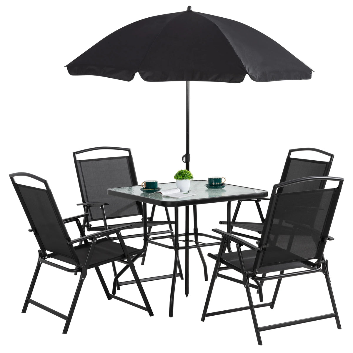 6 Piece Patio Dining Set with Umbrella, 4 Folding Chairs, Tempered Glass Top Dining Table Black X947873