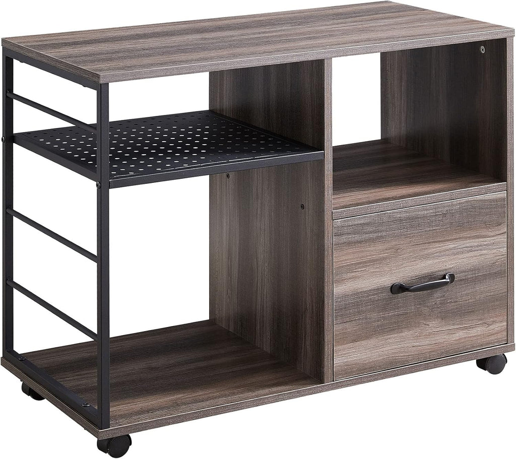 Retro Grey Rolling File Cabinet with Drawer and Open Storage Shelves R218163