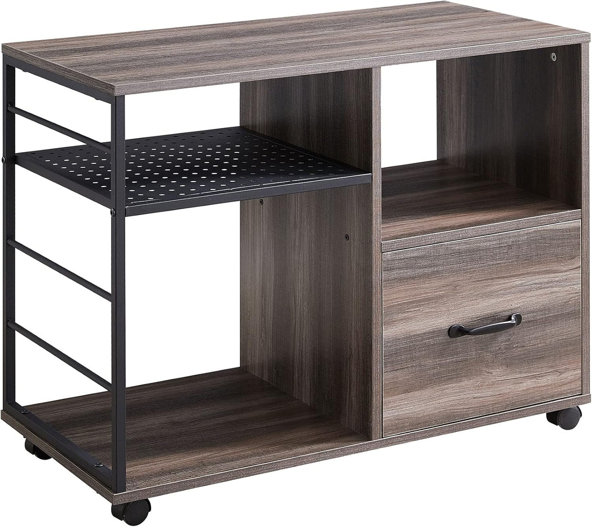 Retro Grey Rolling File Cabinet with Drawer and Open Storage Shelves R218163