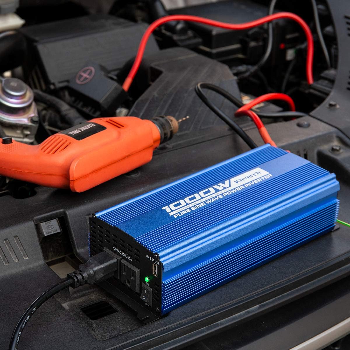 Pure Sine Wave Inverter 1000W DC 12V to AC 110V Car Power Inverter with Dual AC Outlets & 2A USB Ports J70101