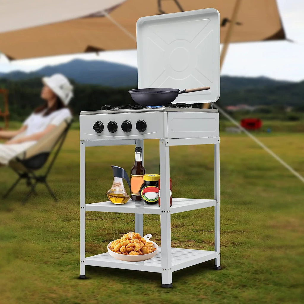 Portable 4 Burner Gas Stove with Support Leg Stand and Storage Rack J1771