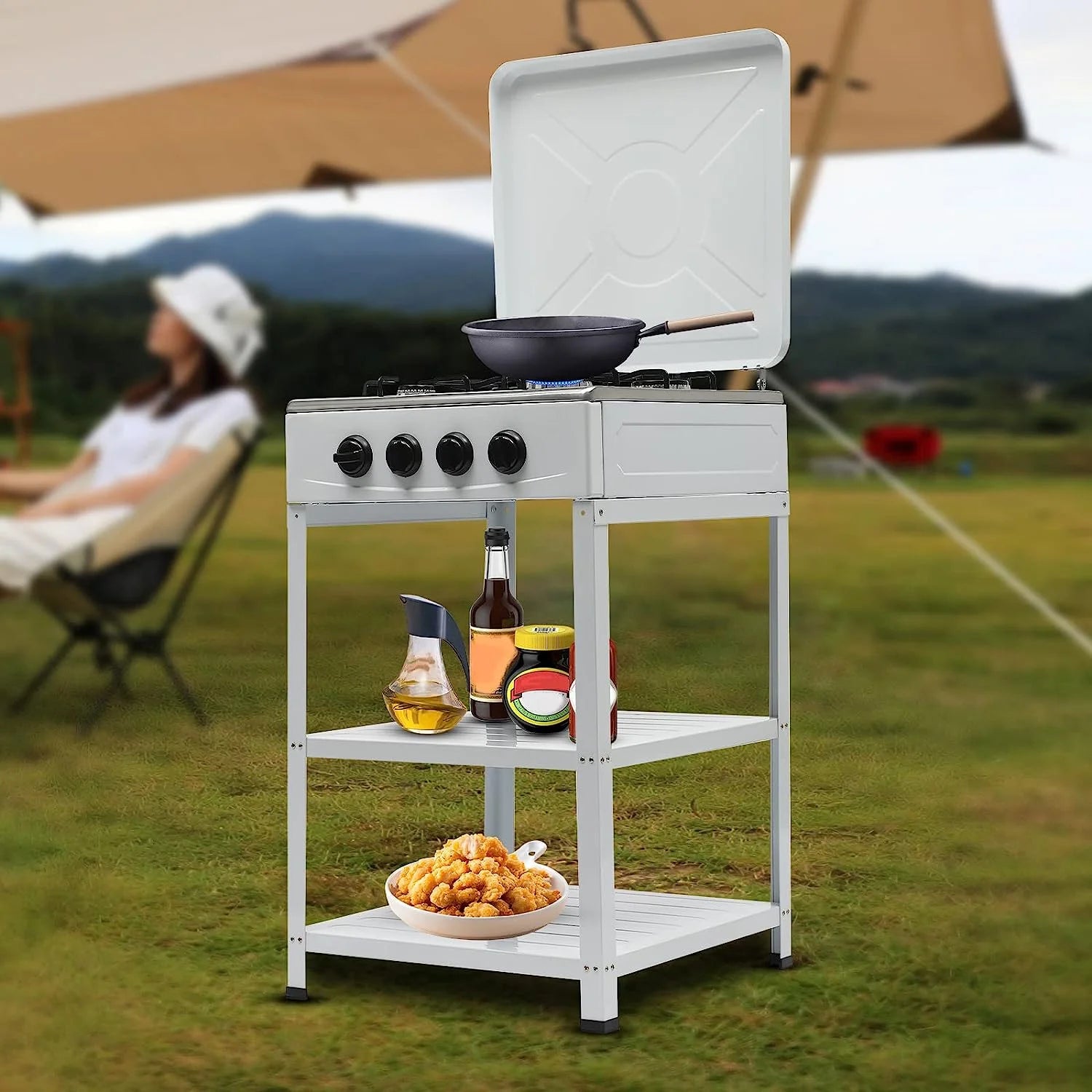 Portable 4 Burner Gas Stove with Support Leg Stand and Storage Rack J1771