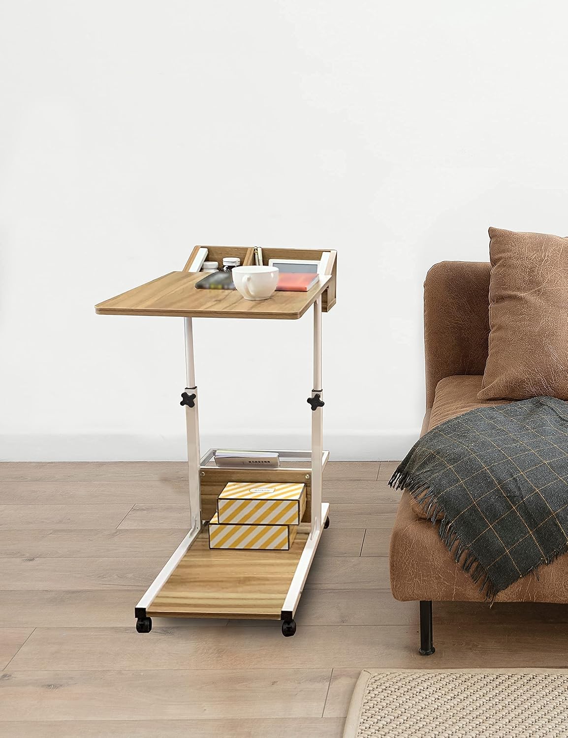 C Shaped End Table with Rolling Wheels, Height Adjustable Side Table with Storage Box T177
