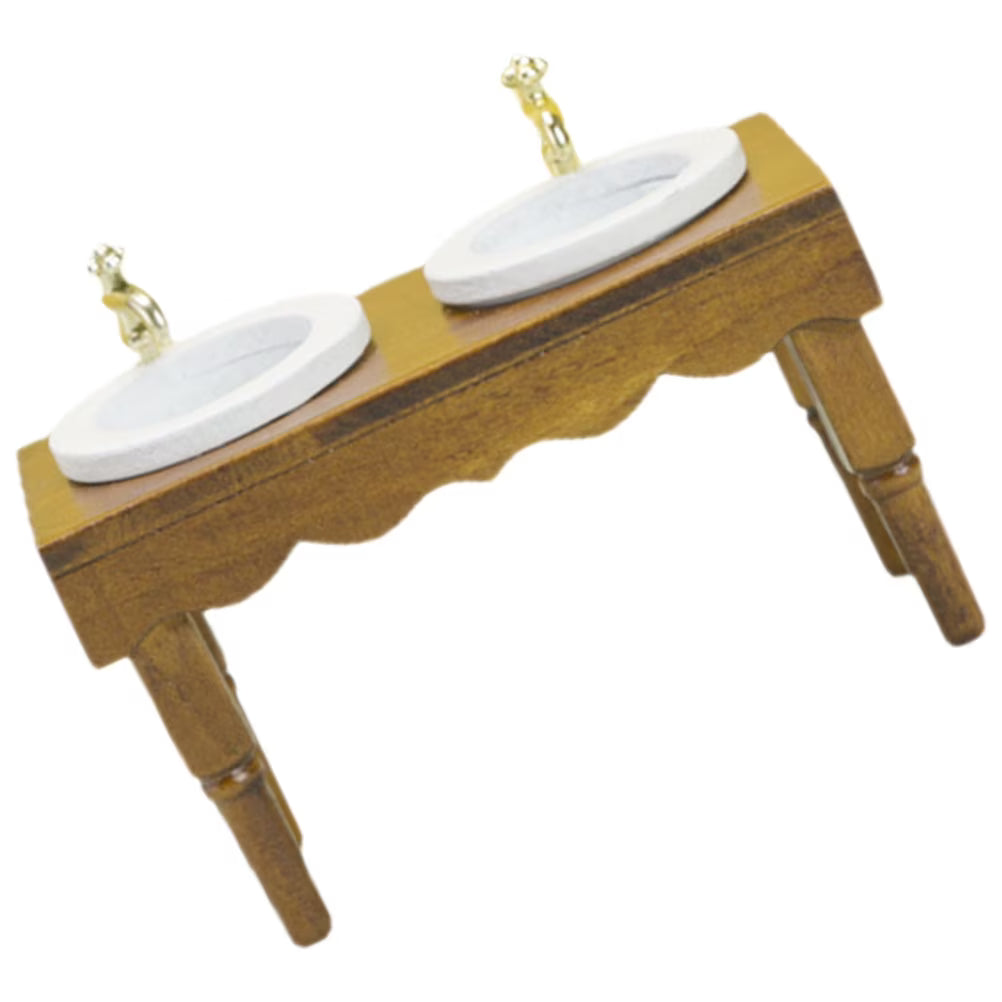 Walnut Color Double Basin Wash Sink Dollhouse Miniature Furniture P6288