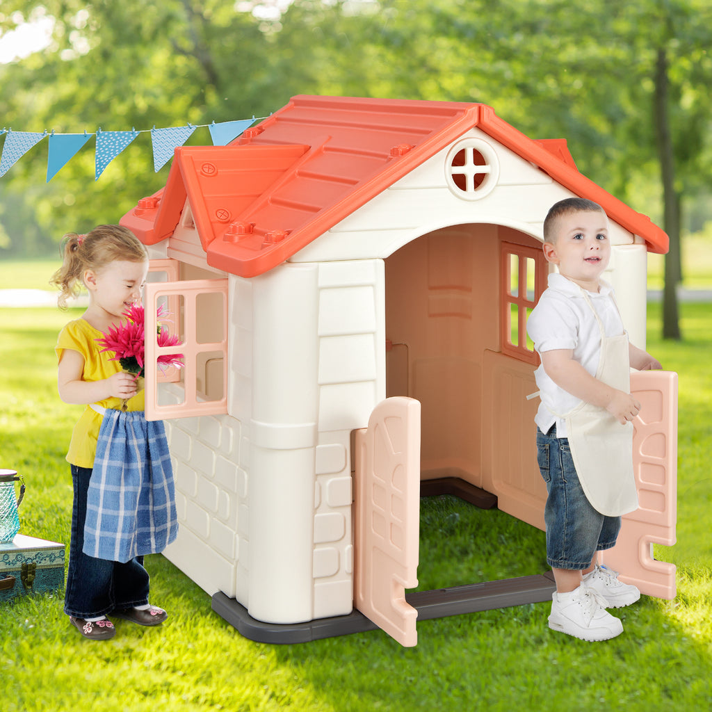 Pink Kid's Playhouse Games Cottage with 7 PCS Toy Set and Waterproof Cover O3871