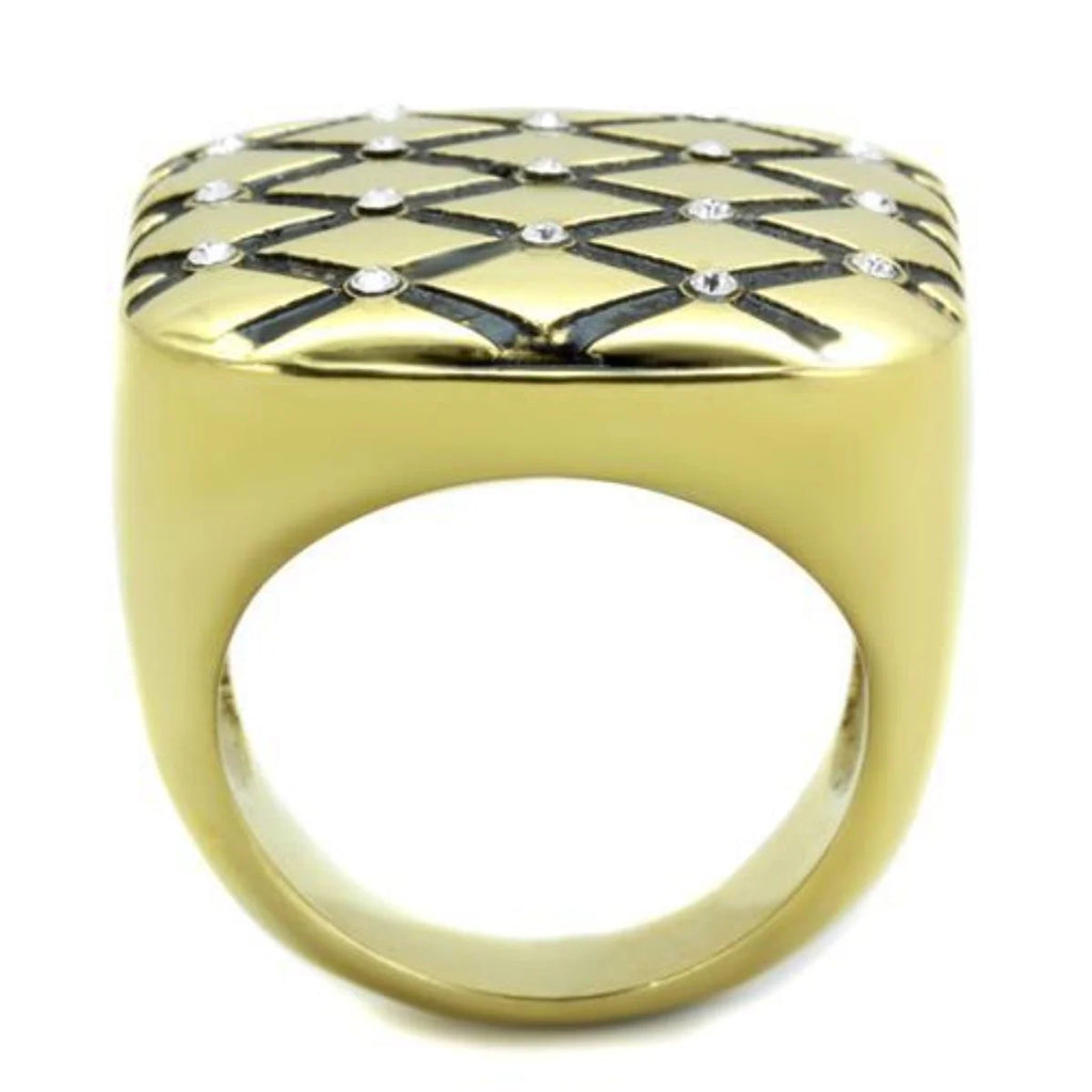 Gold IP Stainless Steel Diamond Checkered Ring with Clear Crystals S89383