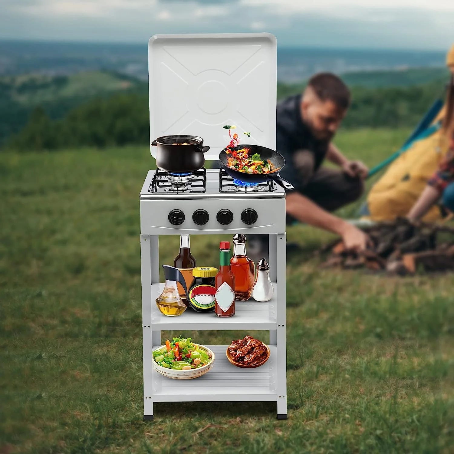 Portable 4 Burner Gas Stove with Support Leg Stand and Storage Rack J1771
