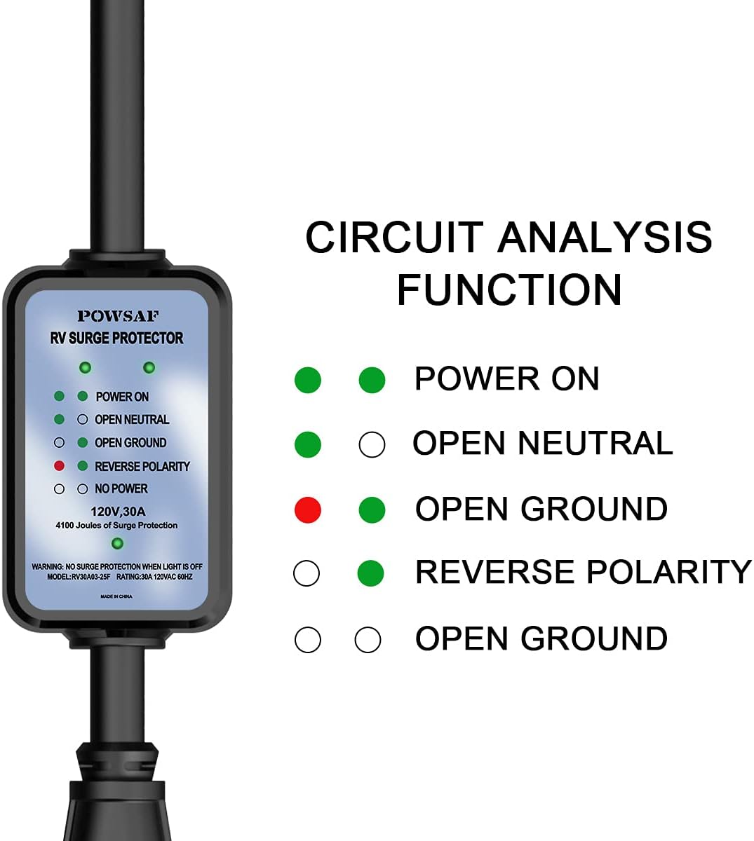 30 amp RV Extension Cord 25 FT Waterproof Surge Protector with Circuit Analyzer LED Indicator Light Y86070