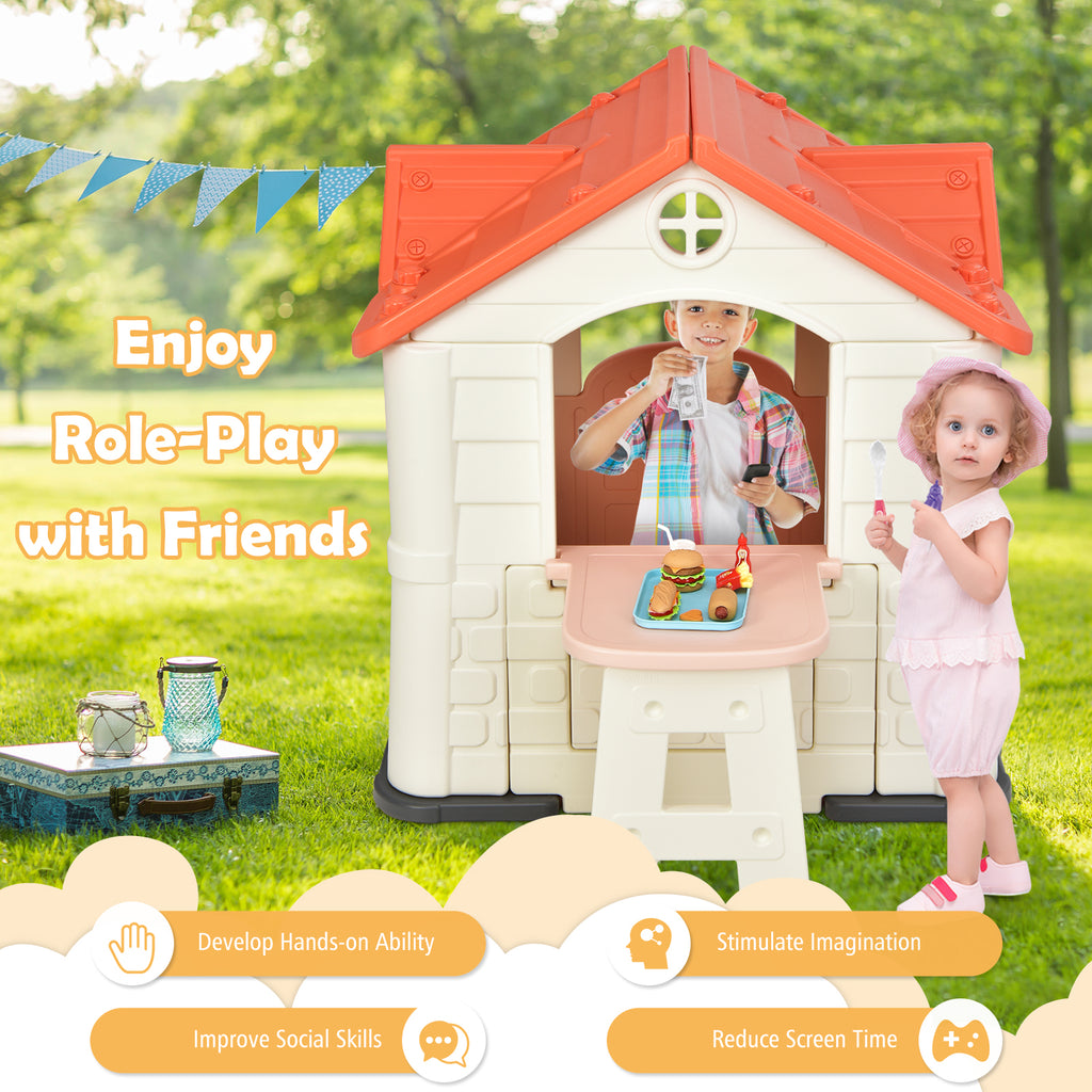 Pink Kid's Playhouse Games Cottage with 7 PCS Toy Set and Waterproof Cover O3871