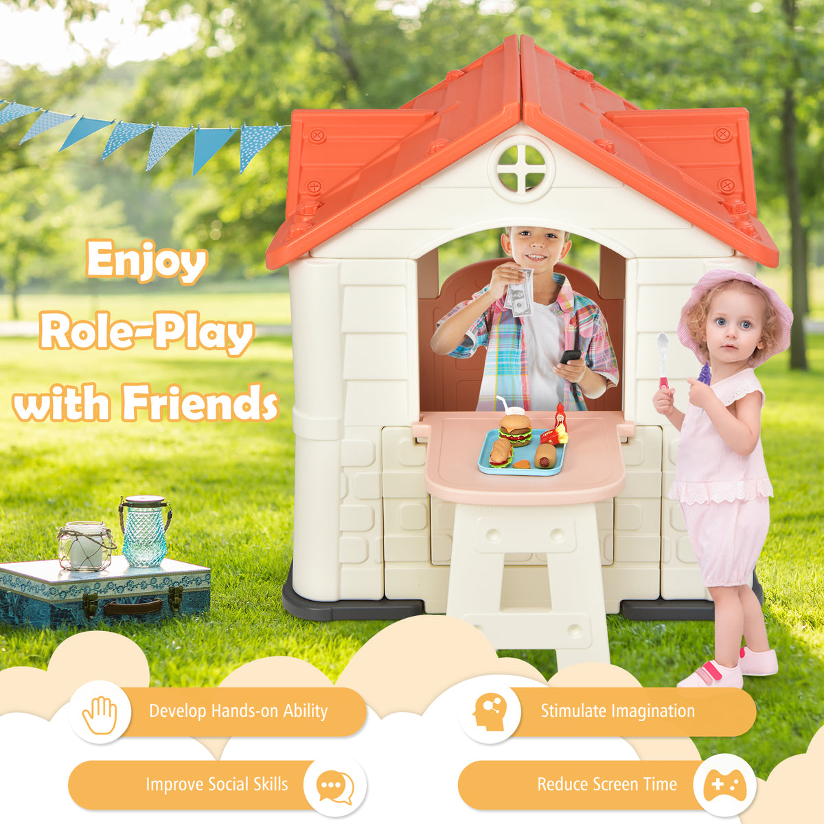 Pink Kid's Playhouse Games Cottage with 7 PCS Toy Set and Waterproof Cover O3871