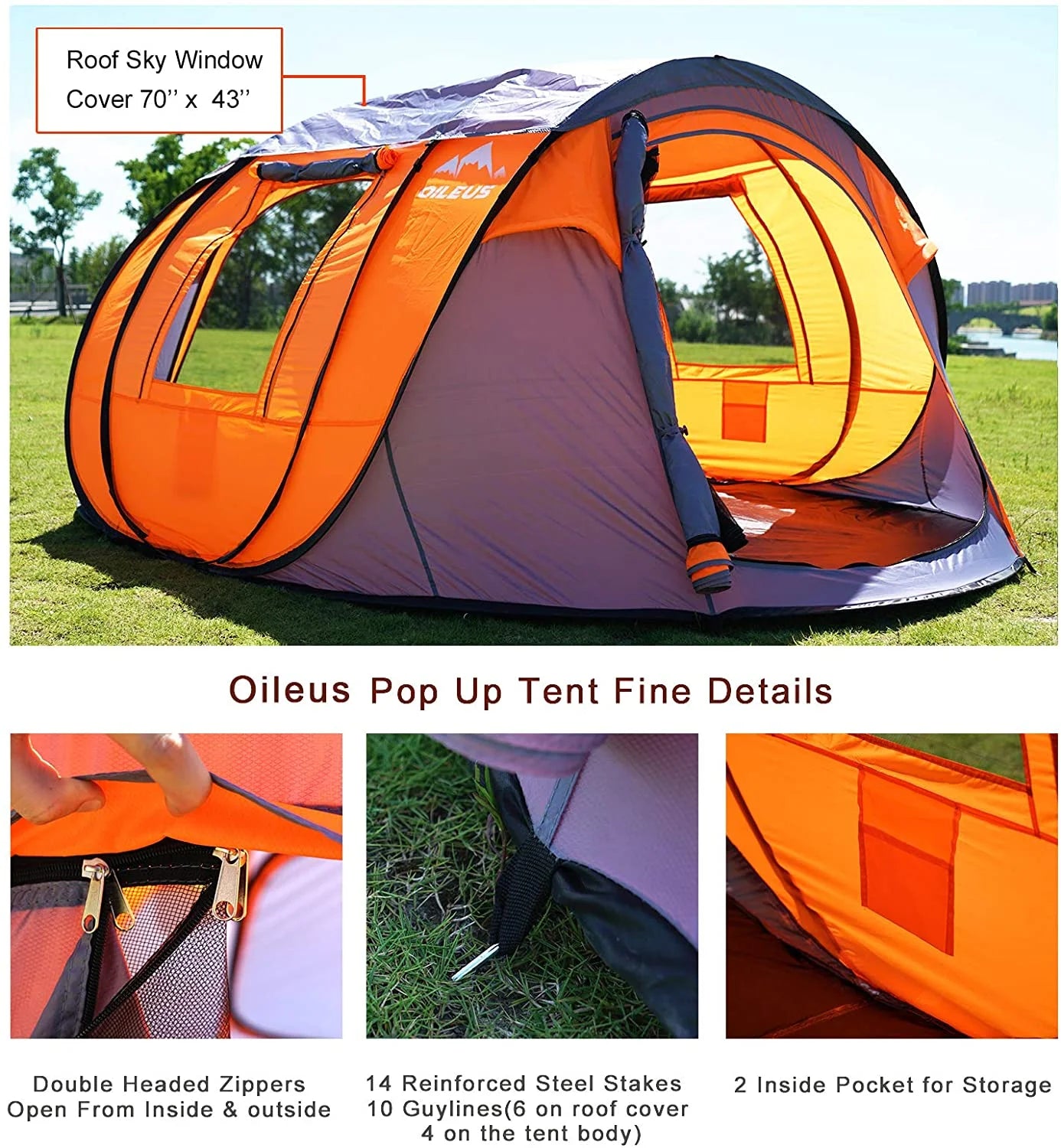 X-large Pop Up Dome Tent with Sky-window Portable Carrying Bag C734031