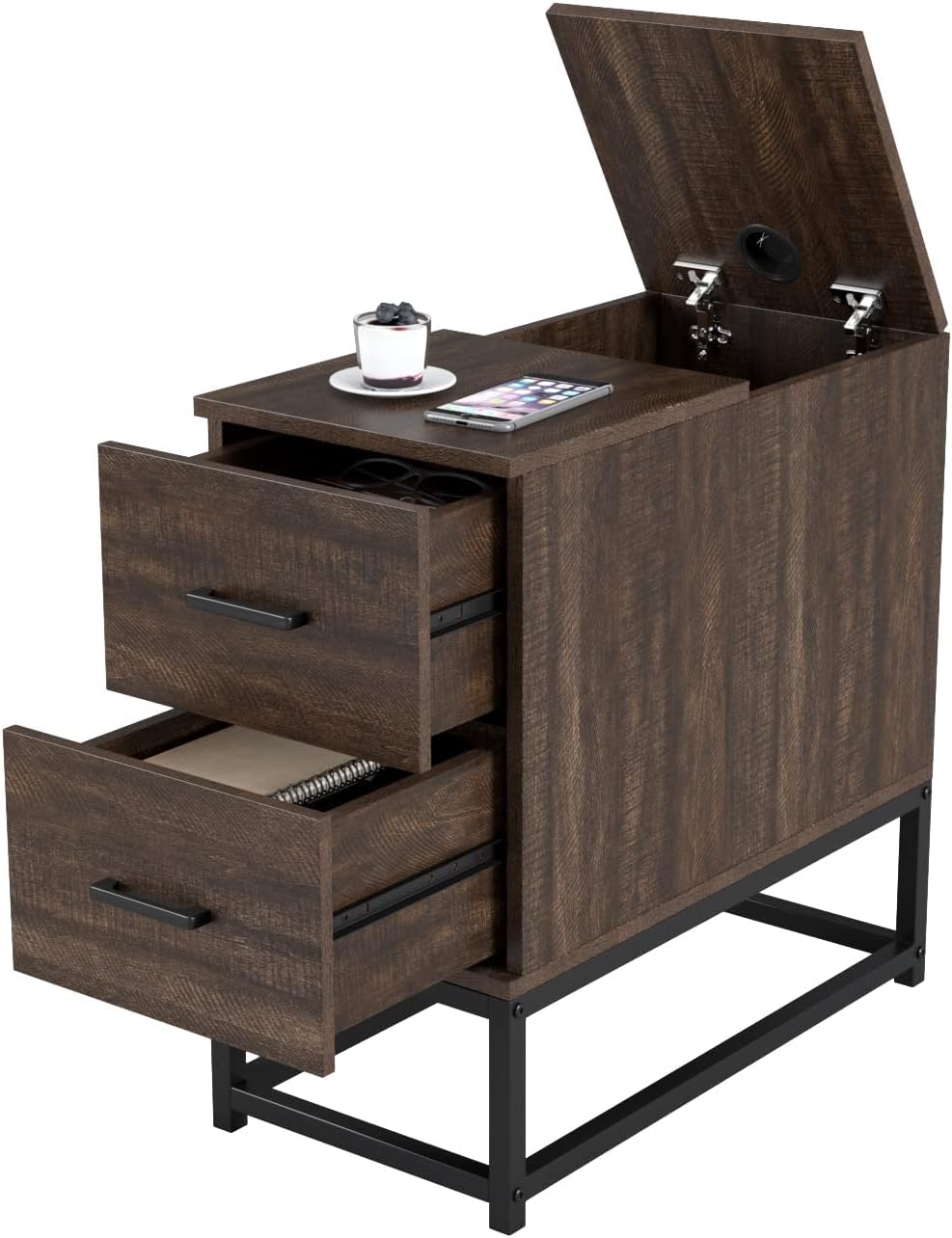 Walnut Brown Narrow End Table with Drawers, Pack of 2 I1831