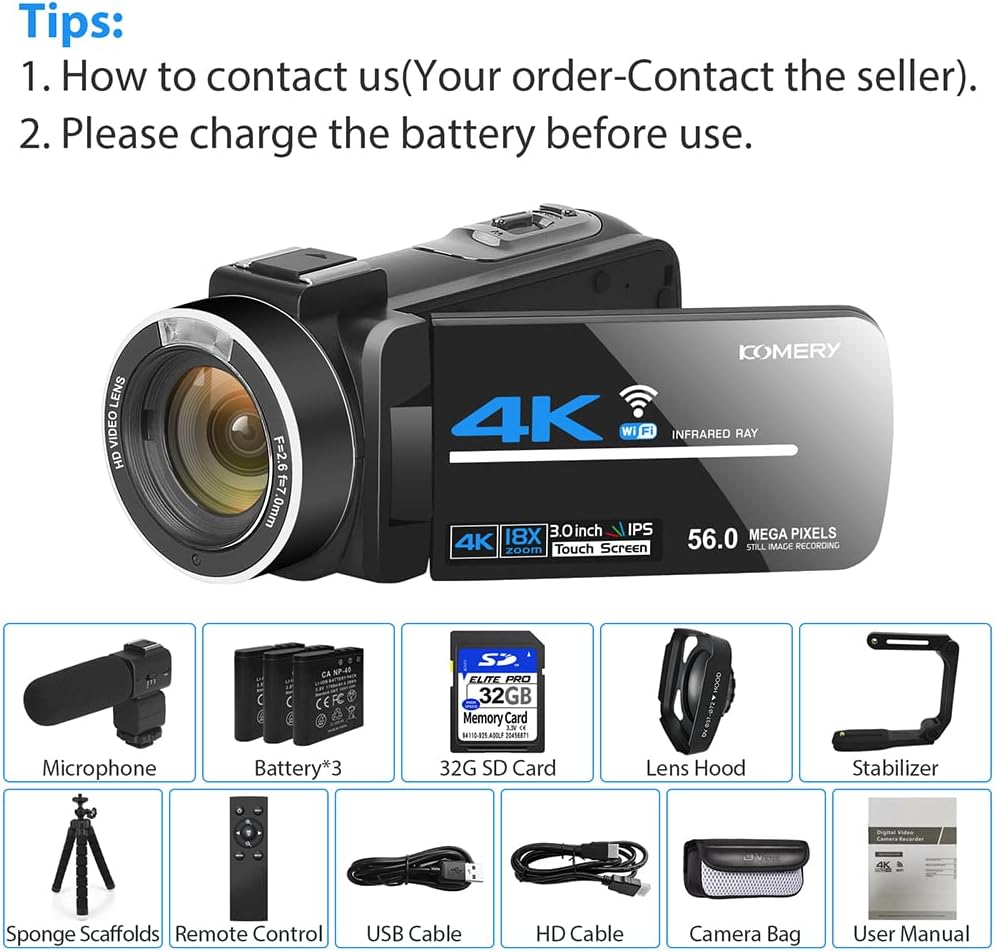 4K 56MP UHD Camcorder with IR Night Vision, 18X Digital Zoom L41858