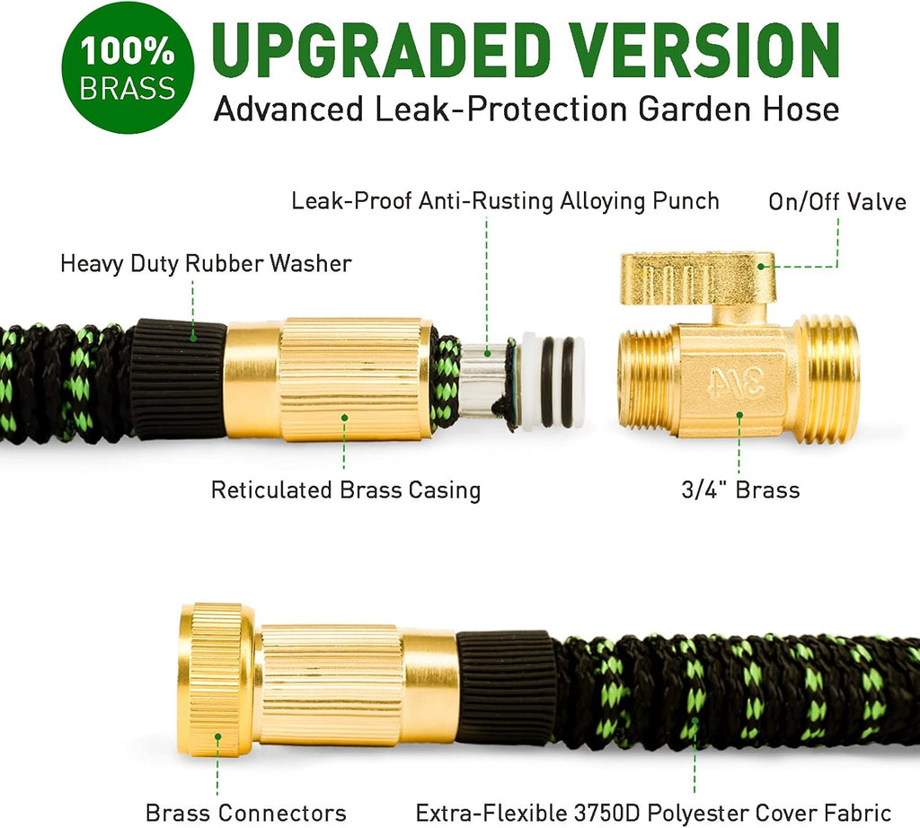 100 ft Expandable Garden Hose with 10 Function Sprayer, Solid Brass Fittings, Triple Latex Core, Pack of 2 M809888
