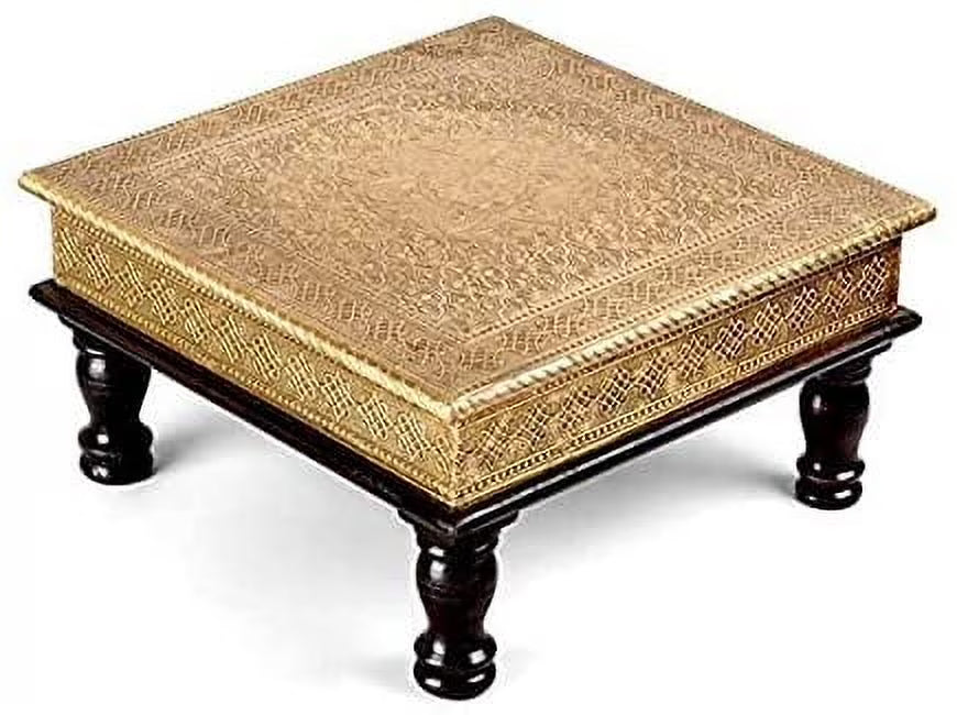 Brass and Wooden Indian Chowki Low Stool V209