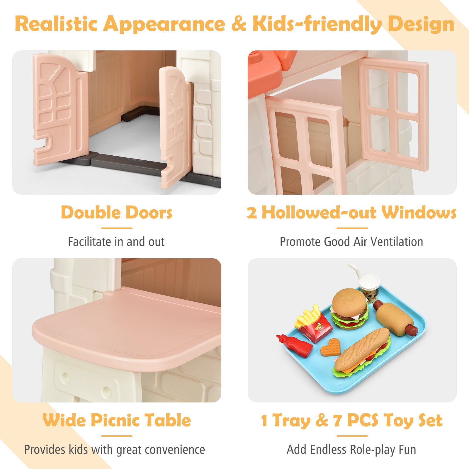 Pink Kid's Playhouse Games Cottage with 7 PCS Toy Set and Waterproof Cover O3871