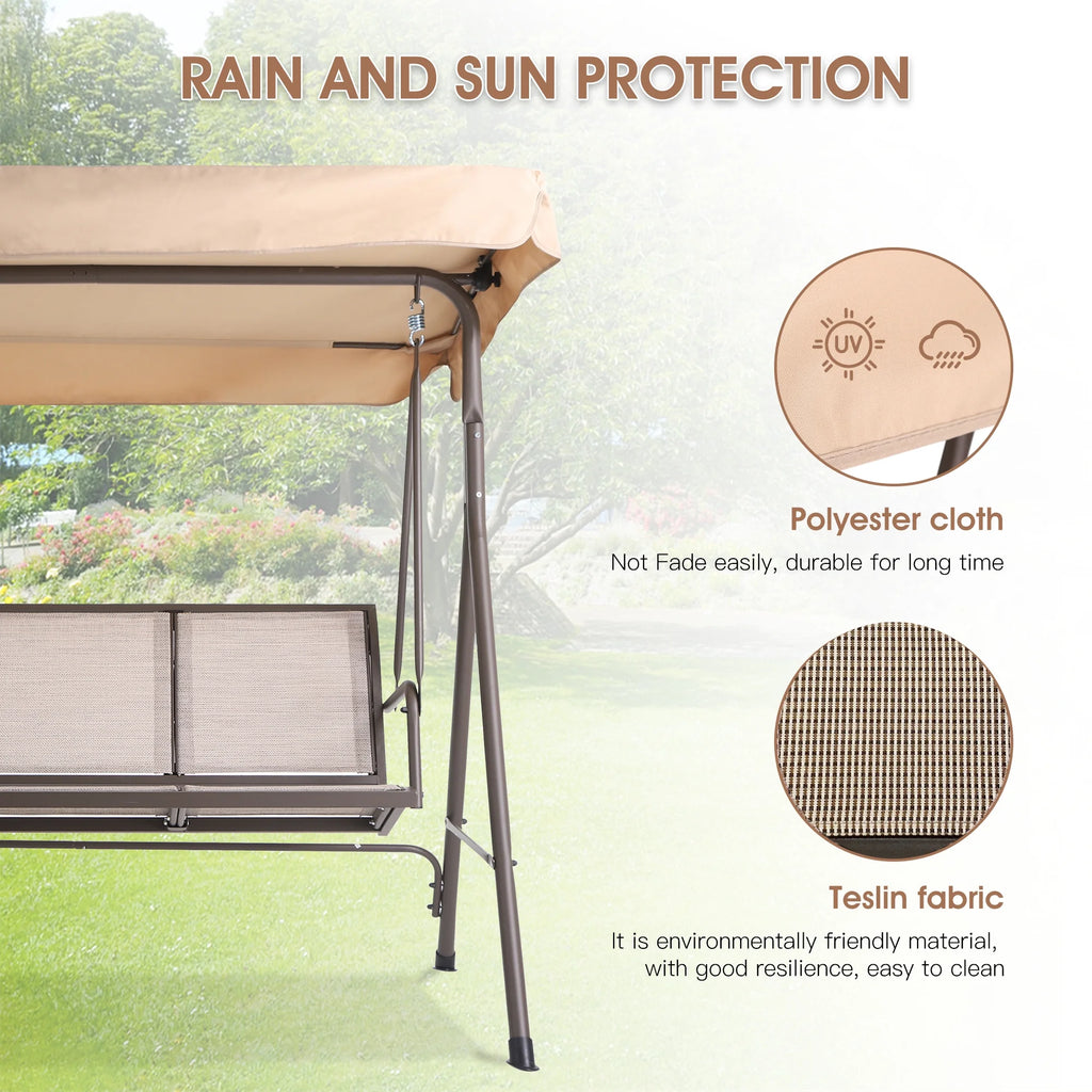 3 Person Outdoor Patio Swing with Canopy Metal Frame Textilene Seats U619