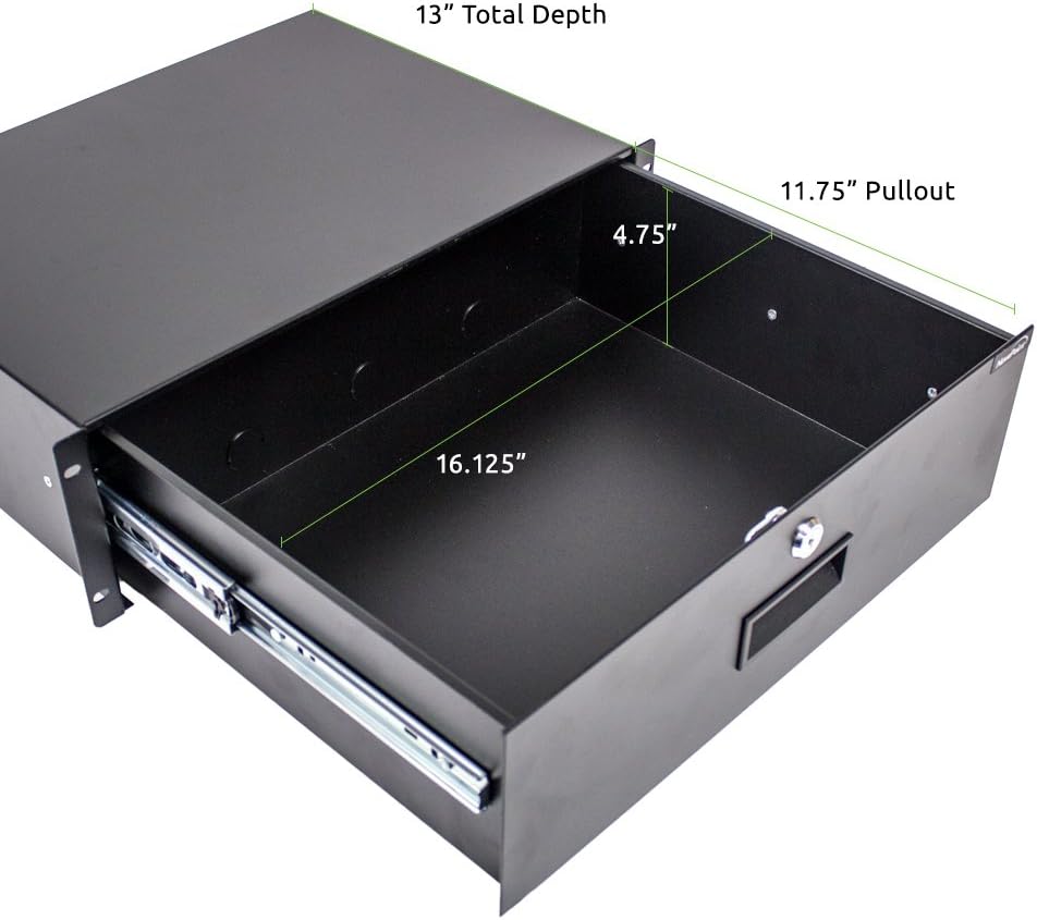3U Black Rack Mount Drawer with Lock and Key, Pack of 2 D9714