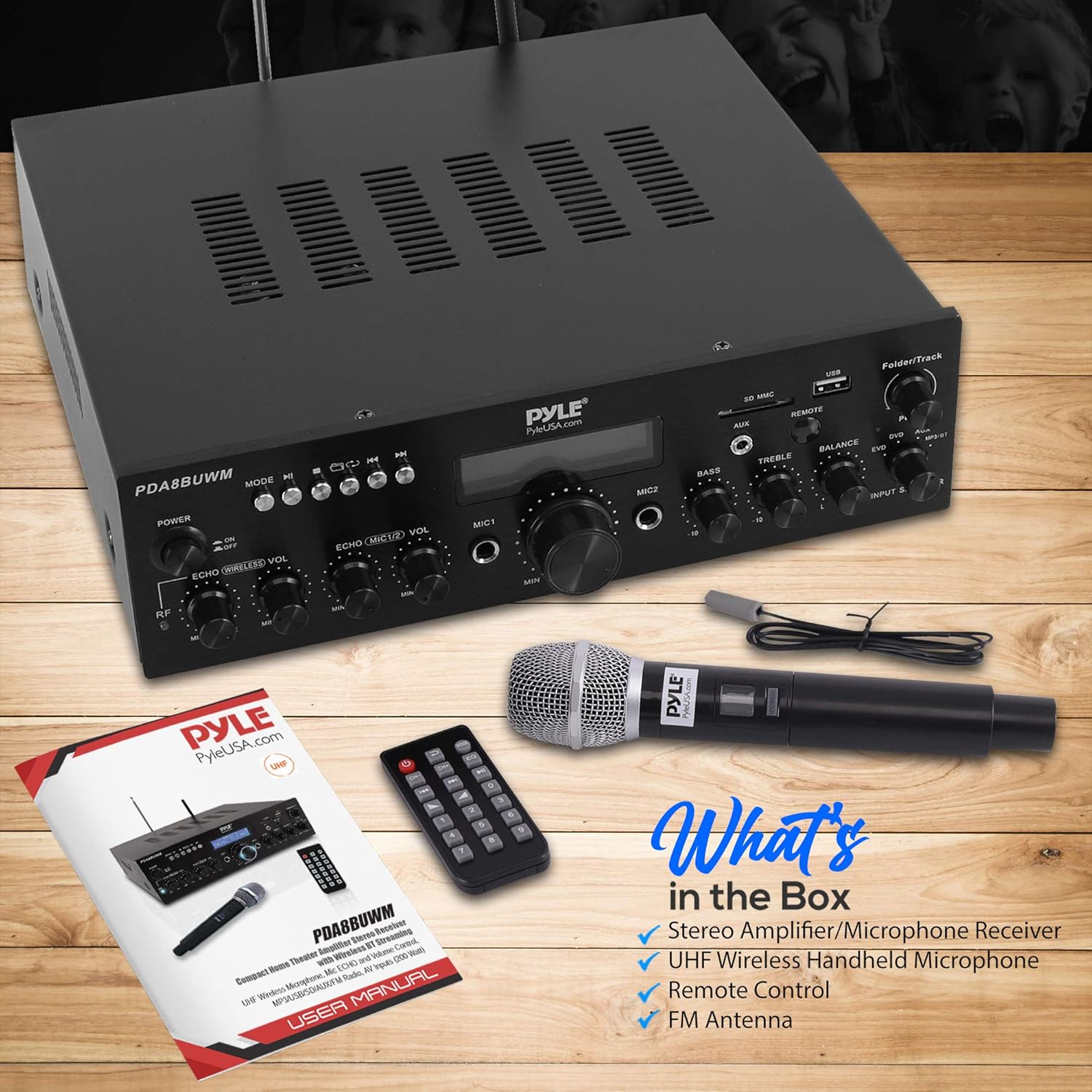 200W Dual Channel Wireless Microphone Amplifier Speaker System with USB, AUX, Echo, Radio Y456816